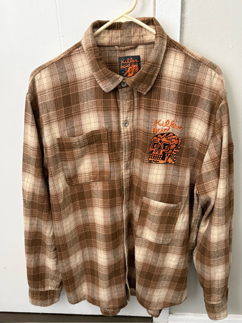 Killer Acid Skully Brown Plaid Long Sleeve Button Up Size L Men’s Shirt-Preused